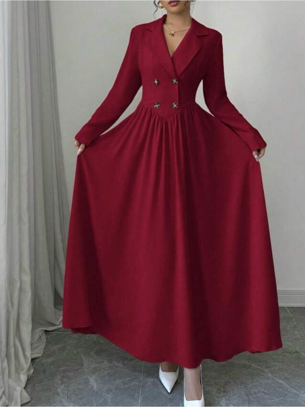 Elegant Long Sleeve Red Maxi Dress with Double-Breasted Detail